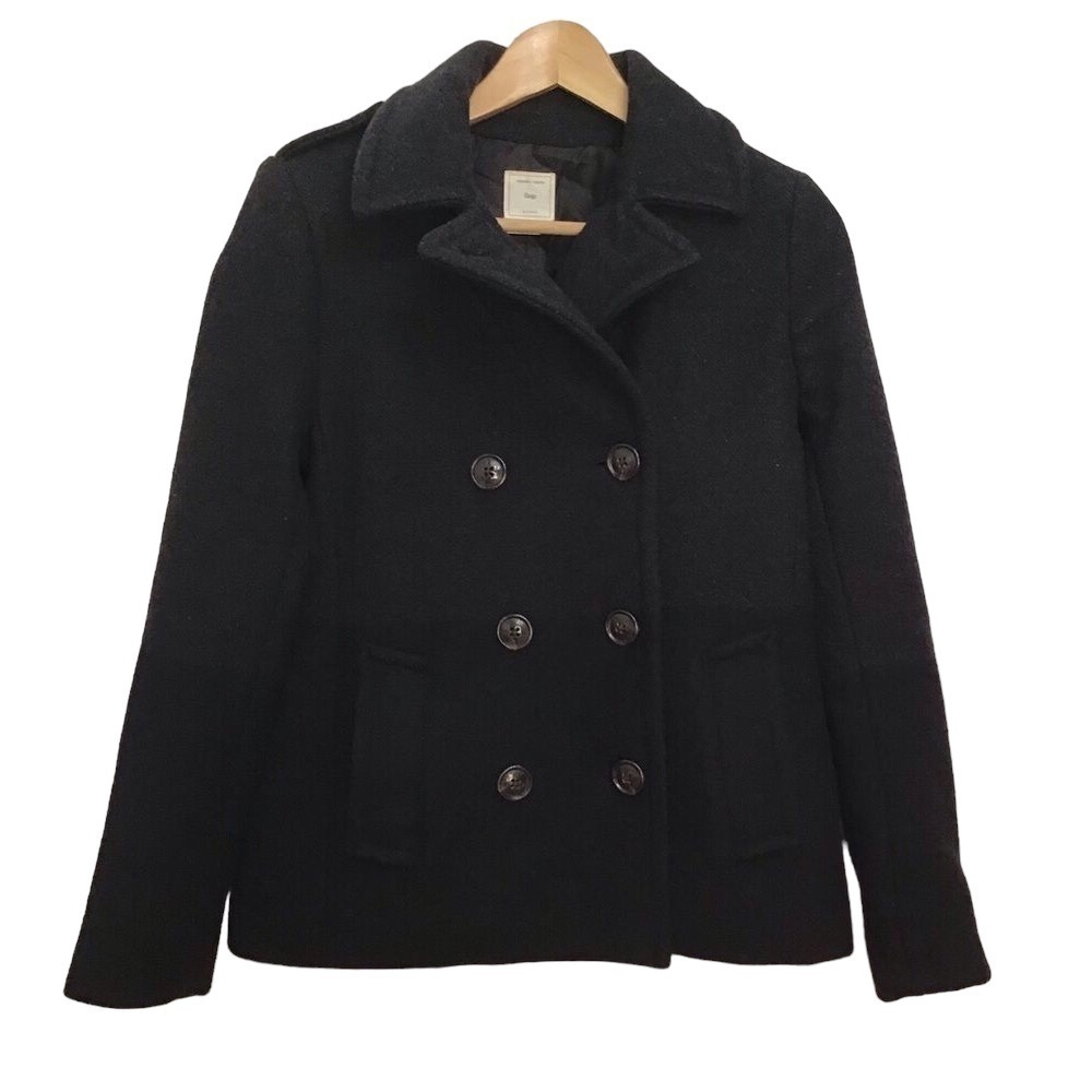 GAP Pea coat 61% wool blend 2 tones jacket double brest black charcoal XS
